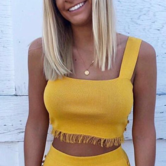 Honey Punch Mustard Knit Fringe Crop Cami Top - Picture 6 of 7